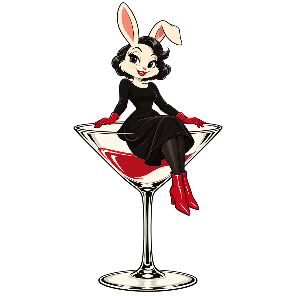 The EMF Glamour Muse, an original retro rabbit character perched on a martini glass